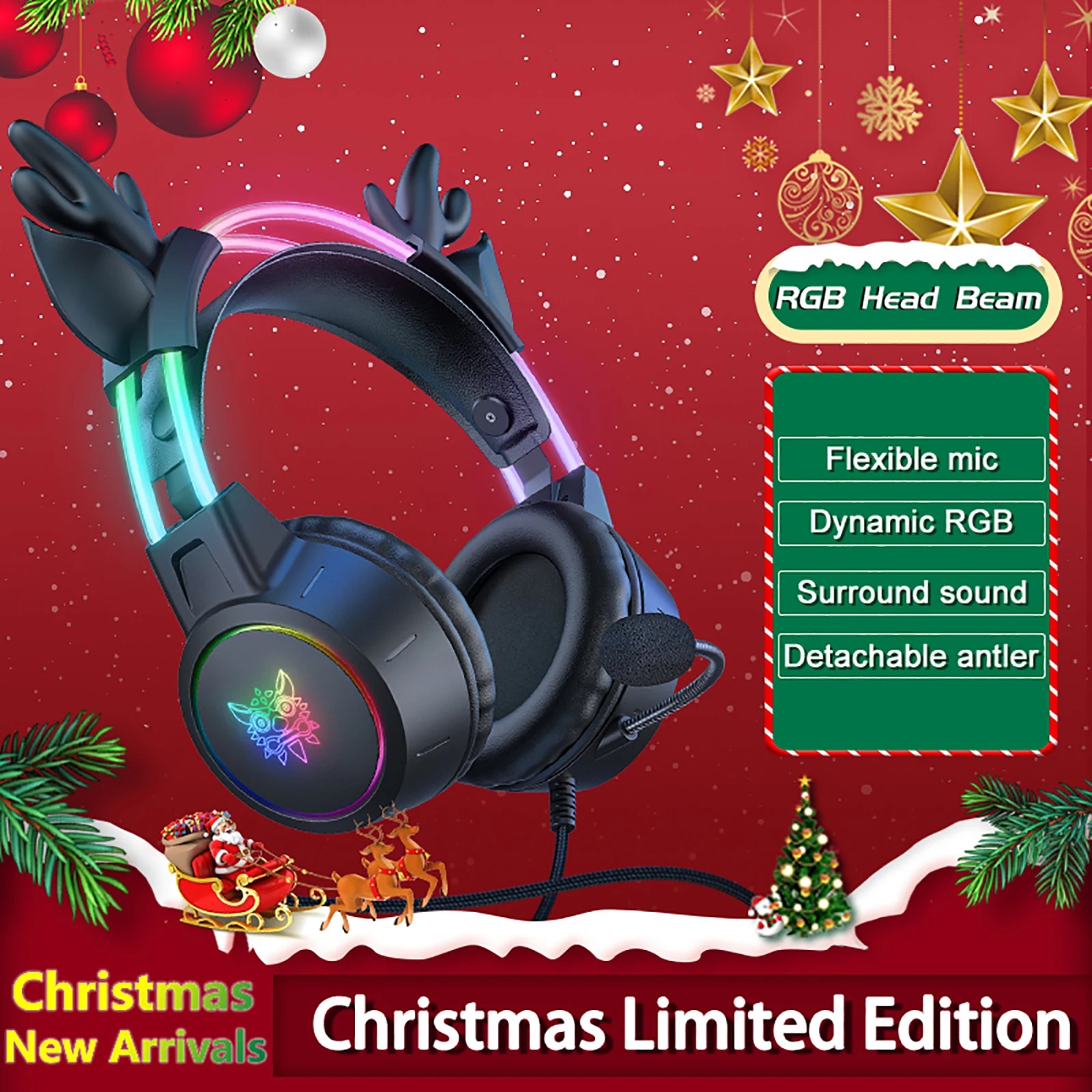 Gaming Headset Rgb - ONIKUMA-Gaming Headset com suporte, antlers destacáveis,
